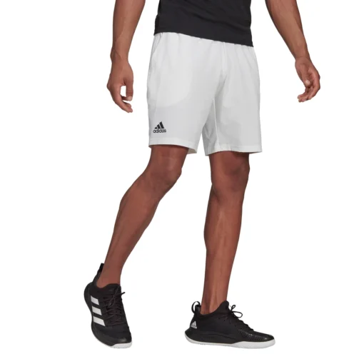 Adidas Men's Club Stretch Woven 9-Inch Shorts (White/Black) -Sports Gear Store GH7222 APP on model standard white f2738195 1a4f 4f9f ab99 95c111aaf9cb