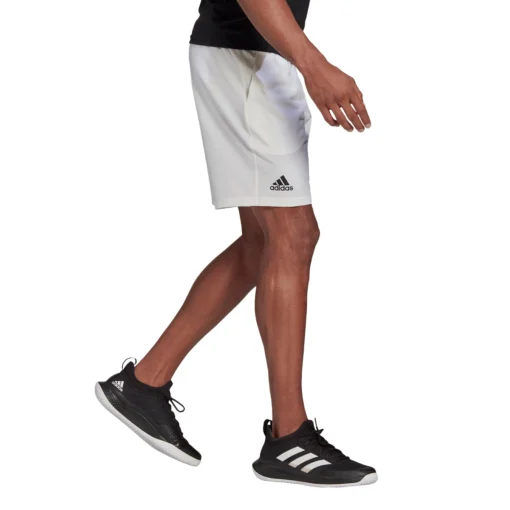 Adidas Men's Club Stretch Woven 9-Inch Shorts (White/Black) -Sports Gear Store GH7222 APP on model walking white fee11d2f c297 4fc0 a3a9 e6cf9a27ac38