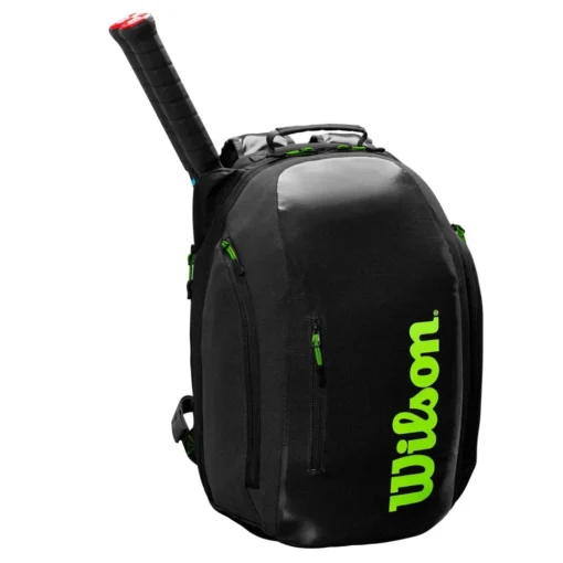 Wilson Super Tour Backpack Racquet Bag (Black/Green) -Sports Gear Store WR8004301001 Super Tour Backpack BKGR Front wRackets